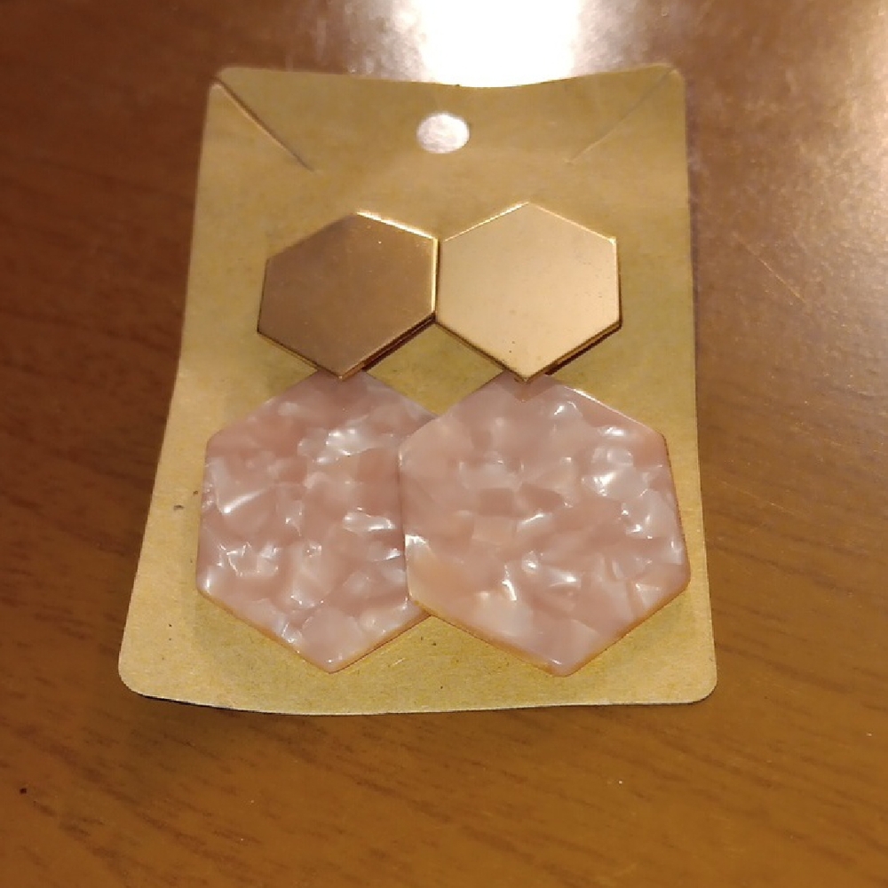 Hexagon Gold and Pink Earrings
